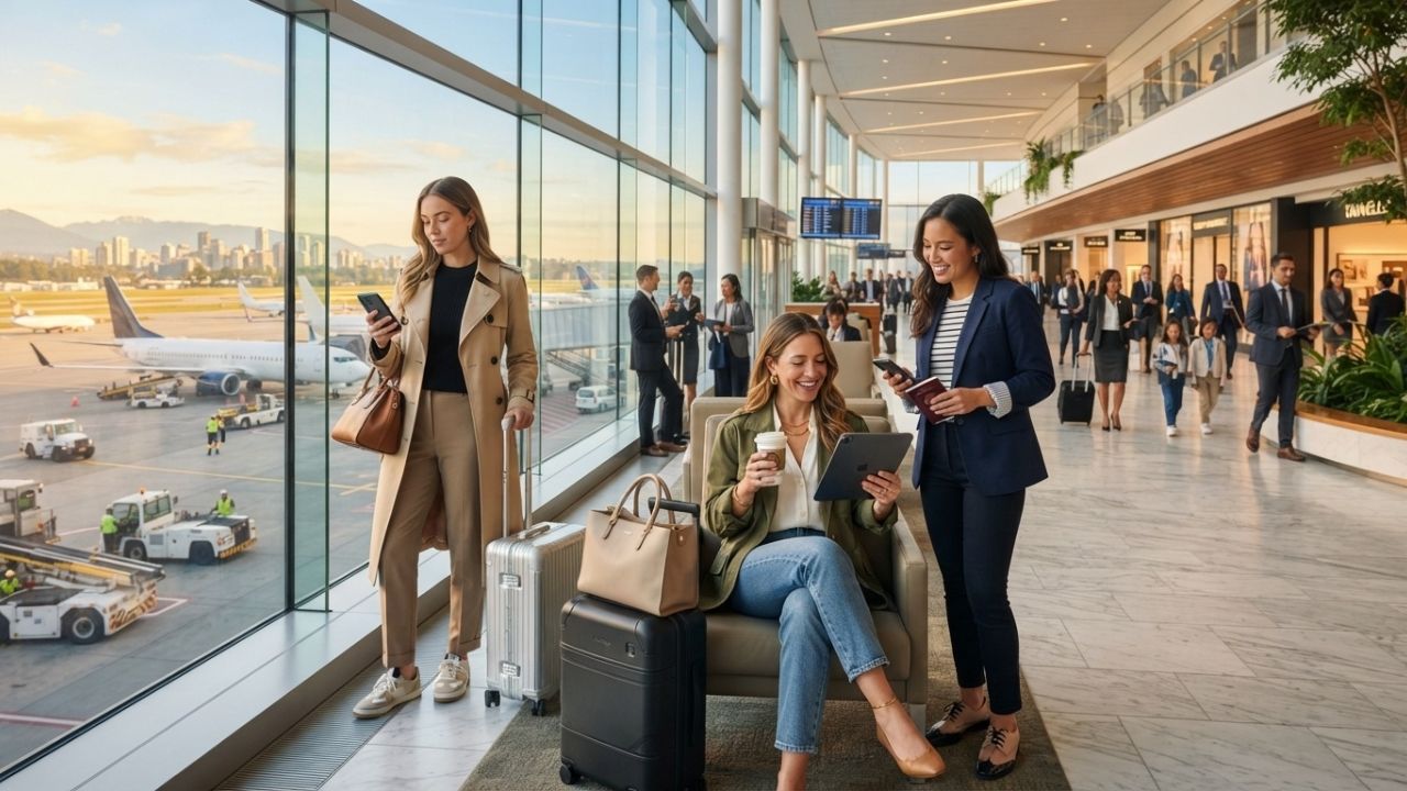 Passengers waiting in front of flight departure boards showing cancellations at a Canadian airport terminal