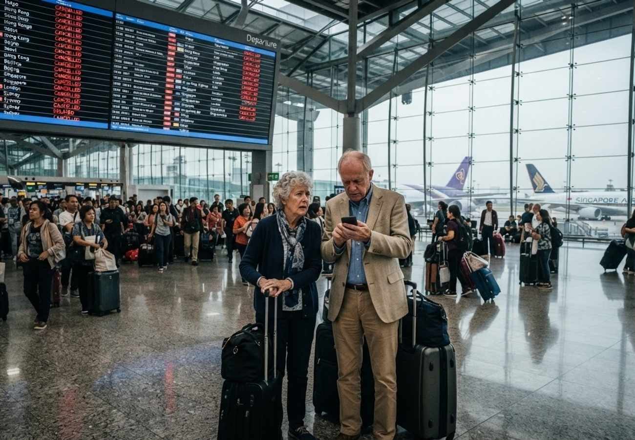 Aerial view of a busy Asian airport terminal during operational disruptions