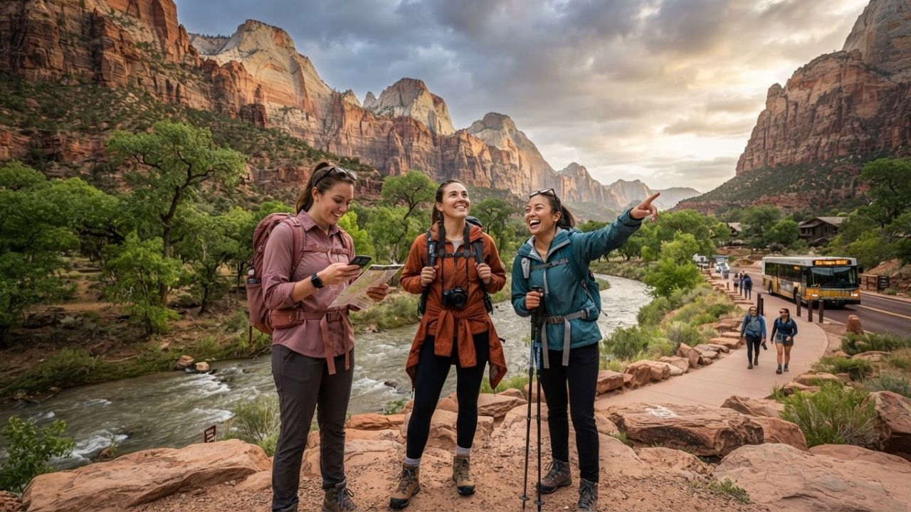 Hikers in a narrow canyon gorge with sheer red sandstone walls in Zion National Park