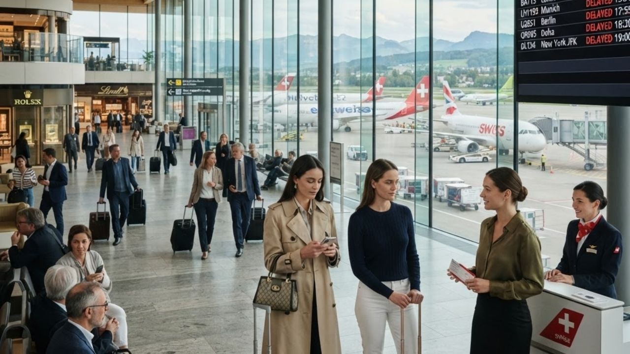 Departures board and passenger check-in area at Zurich Airport under terminal lighting