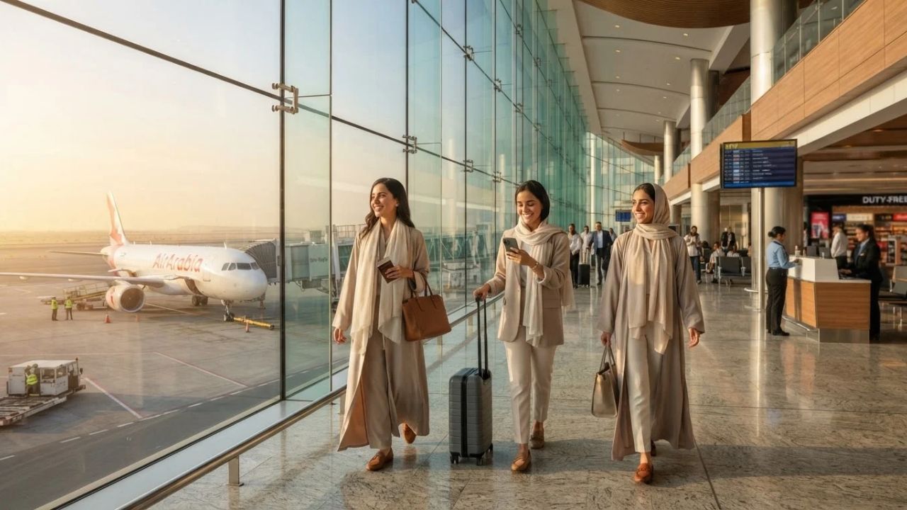 An Air Arabia Airbus A320neo airplane parked at an airport boarding gate.