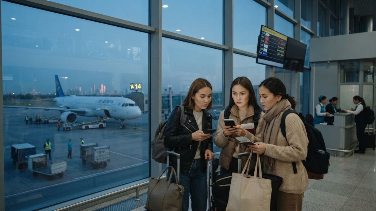 A passenger plane parked on the tarmac at Almaty International Airport.