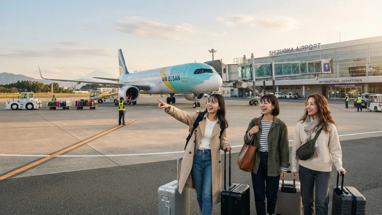 An Air Busan Airbus passenger plane parked at the gates of Shizuoka Airport.