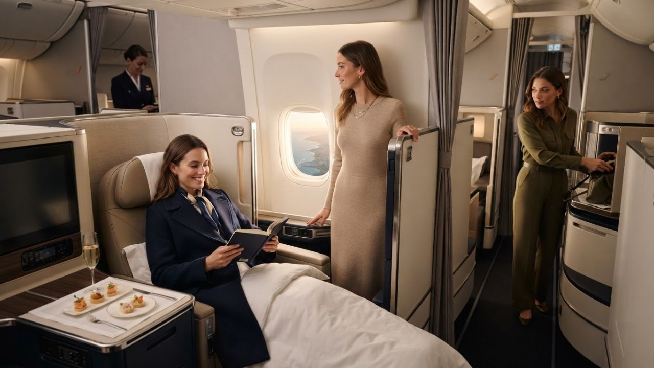 A luxurious first-class suite interior inside a commercial airplane cabin.