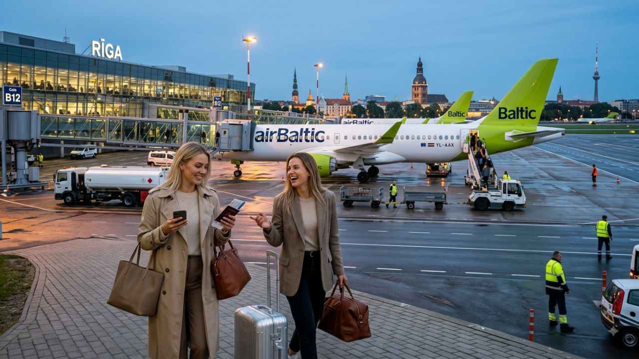 An airBaltic Airbus A220-300 parked at Riga International Airport terminal under a bright sky.