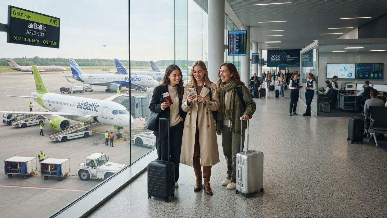 A fuel-efficient commercial jet airliner parked on the tarmac of Riga International Airport