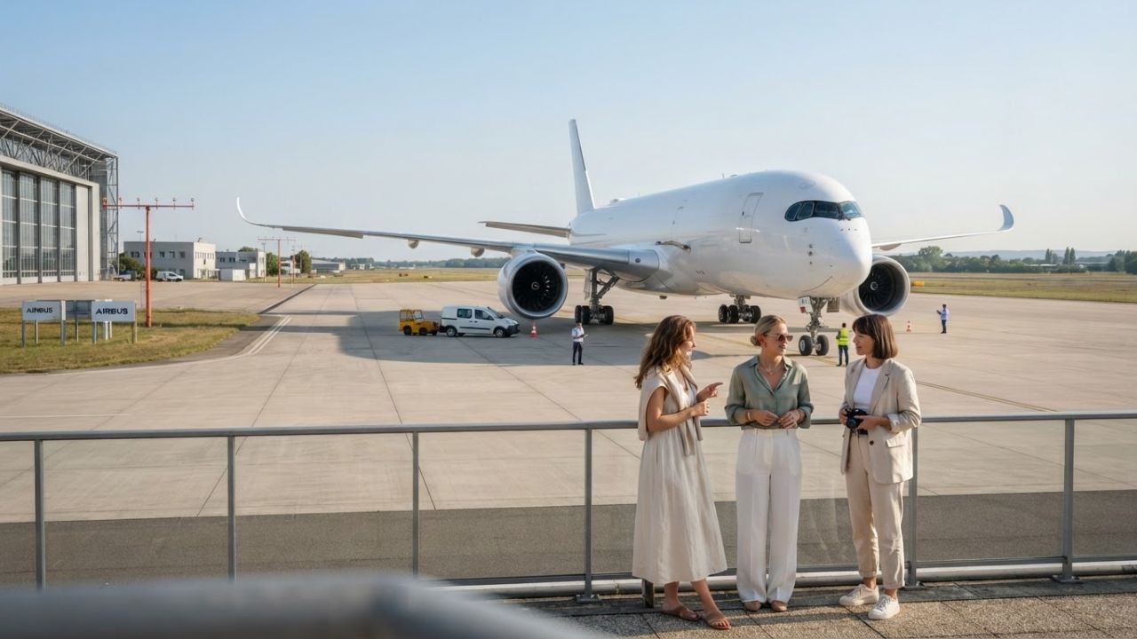 A side view of the newly assembled Airbus A350F freighter on the runway in Toulouse.