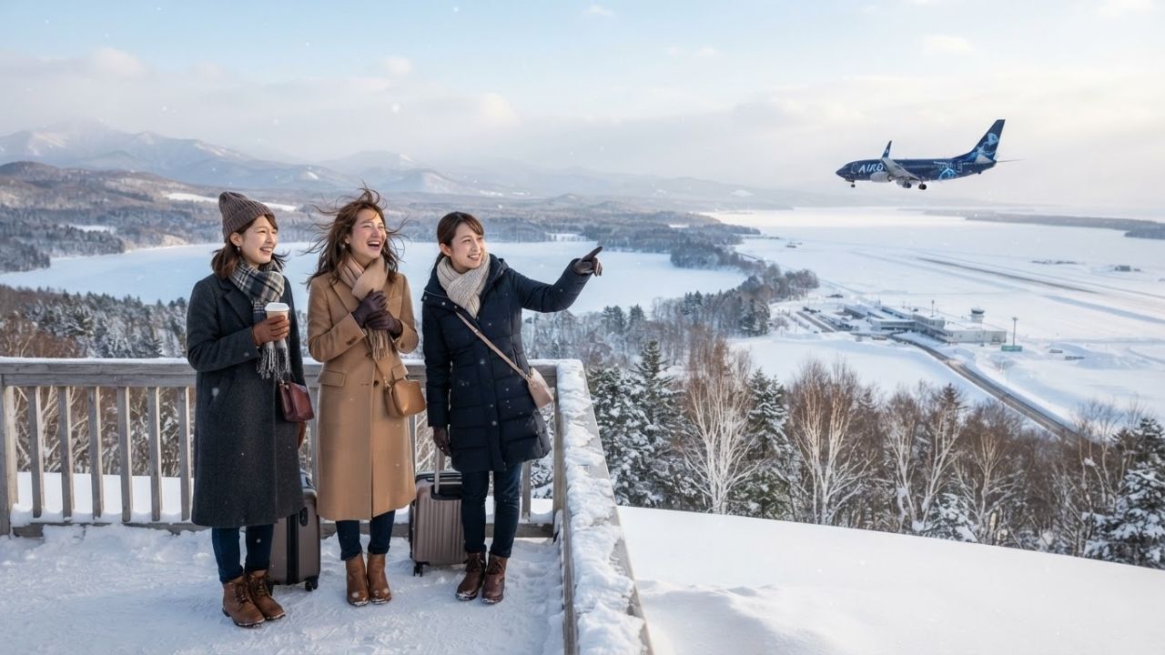 An AIRDO aircraft passenger plane on the snow-swept runway of Sapporo New Chitose Airport.