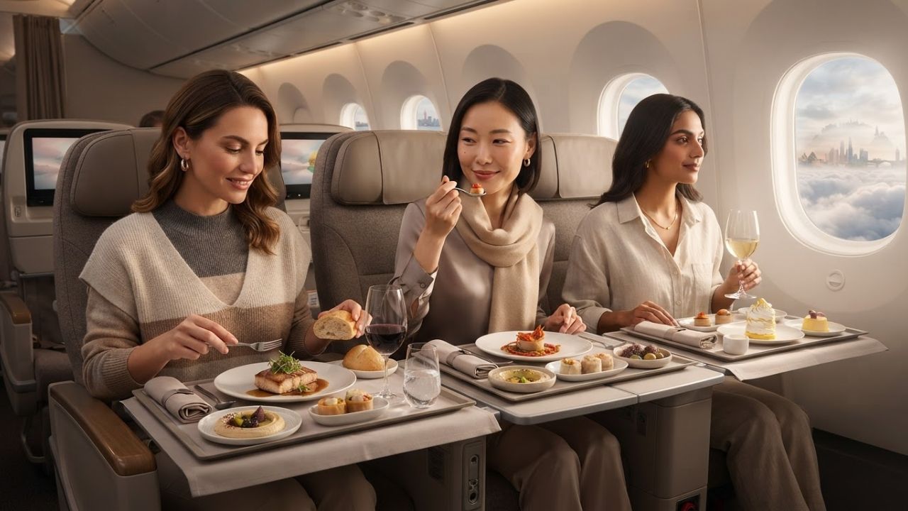 A beautifully plated gourmet meal served with fine wine in a premium airline cabin.