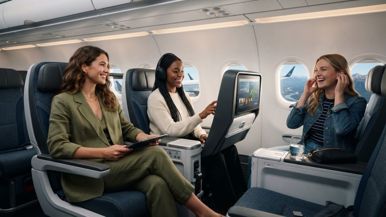 A clean modern passenger aircraft cabin featuring high-resolution seatback screens and spacious seating.