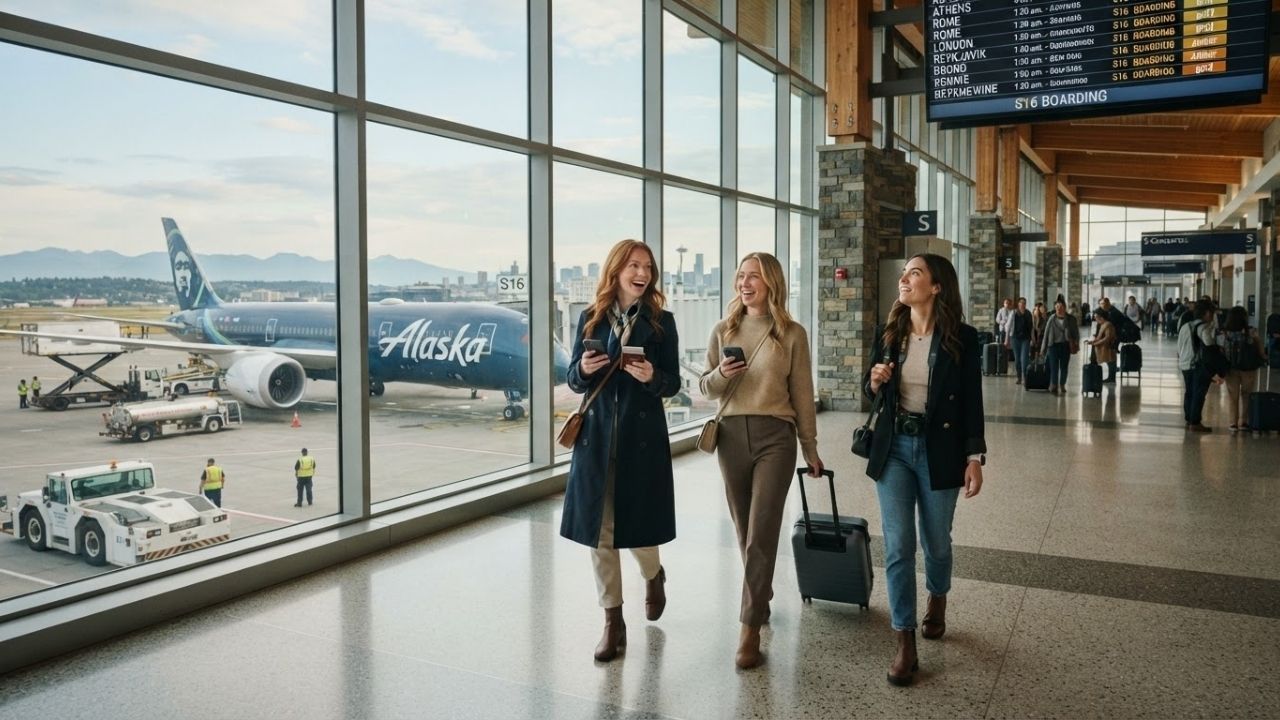 Boeing 787 Dreamliner widebody jet parked at a Seattle airport terminal gate.