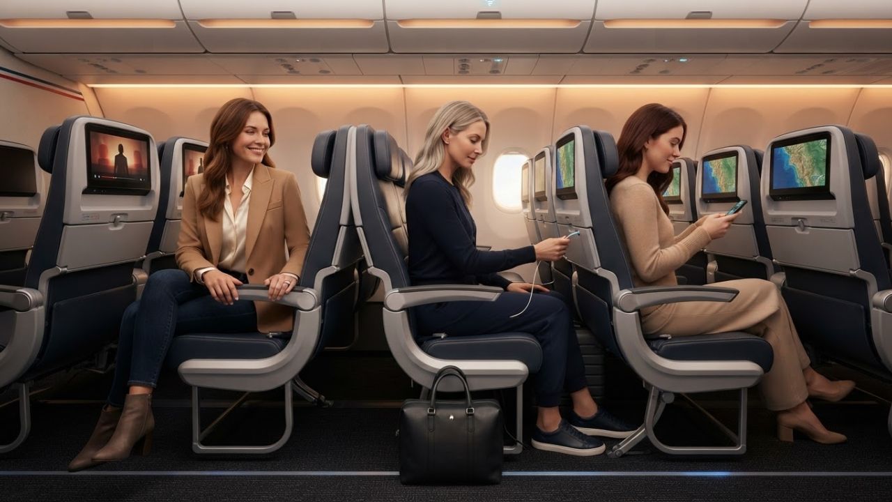 A passenger viewing a high-definition seatback entertainment screen inside an upgraded American Airlines cabin.