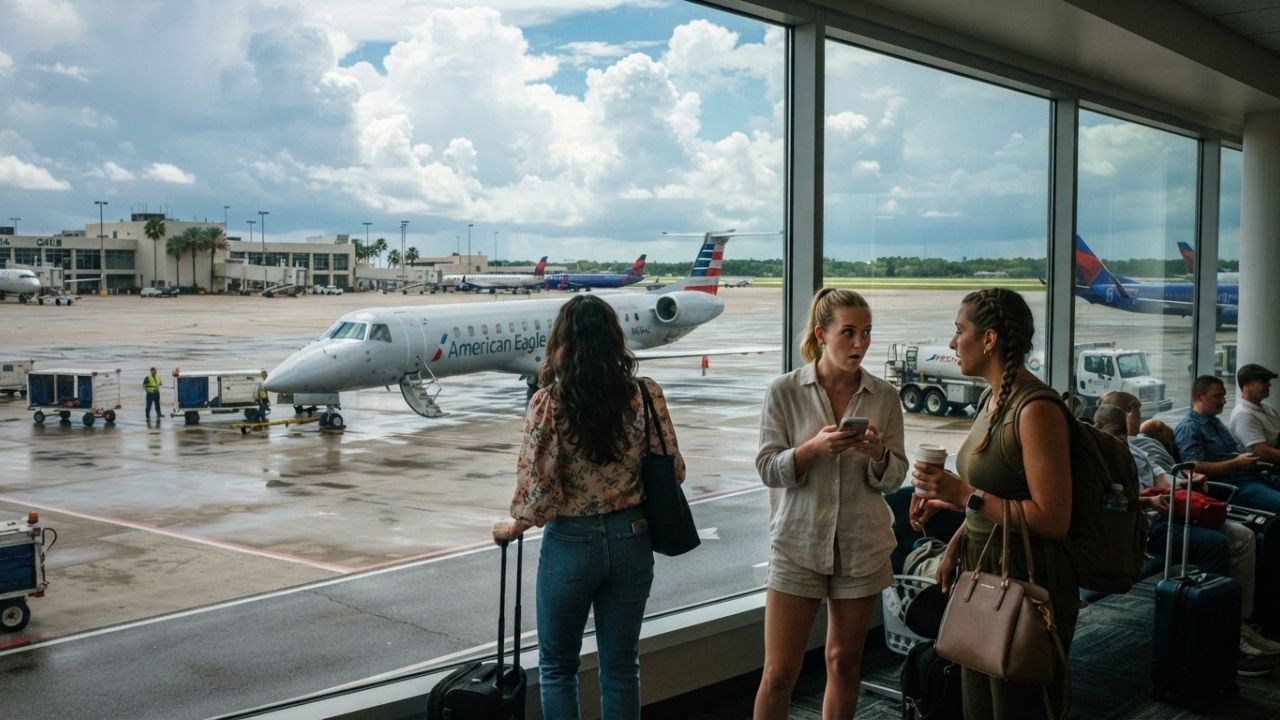 An American Eagle Embraer ERJ-145 regional jet parked on the apron at Jacksonville International Airport under morning skies