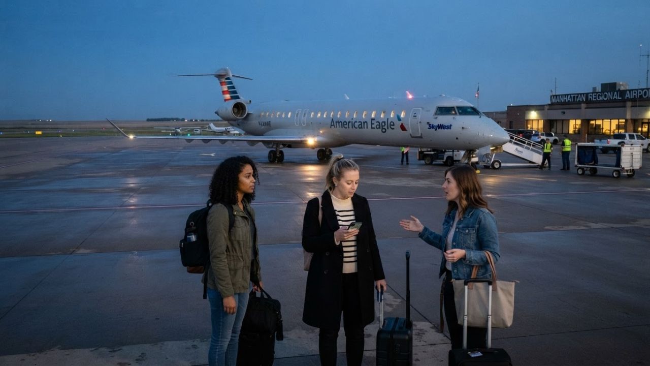 An American Eagle regional jet parked on the tarmac at Manhattan Regional Airport under night hangar lights