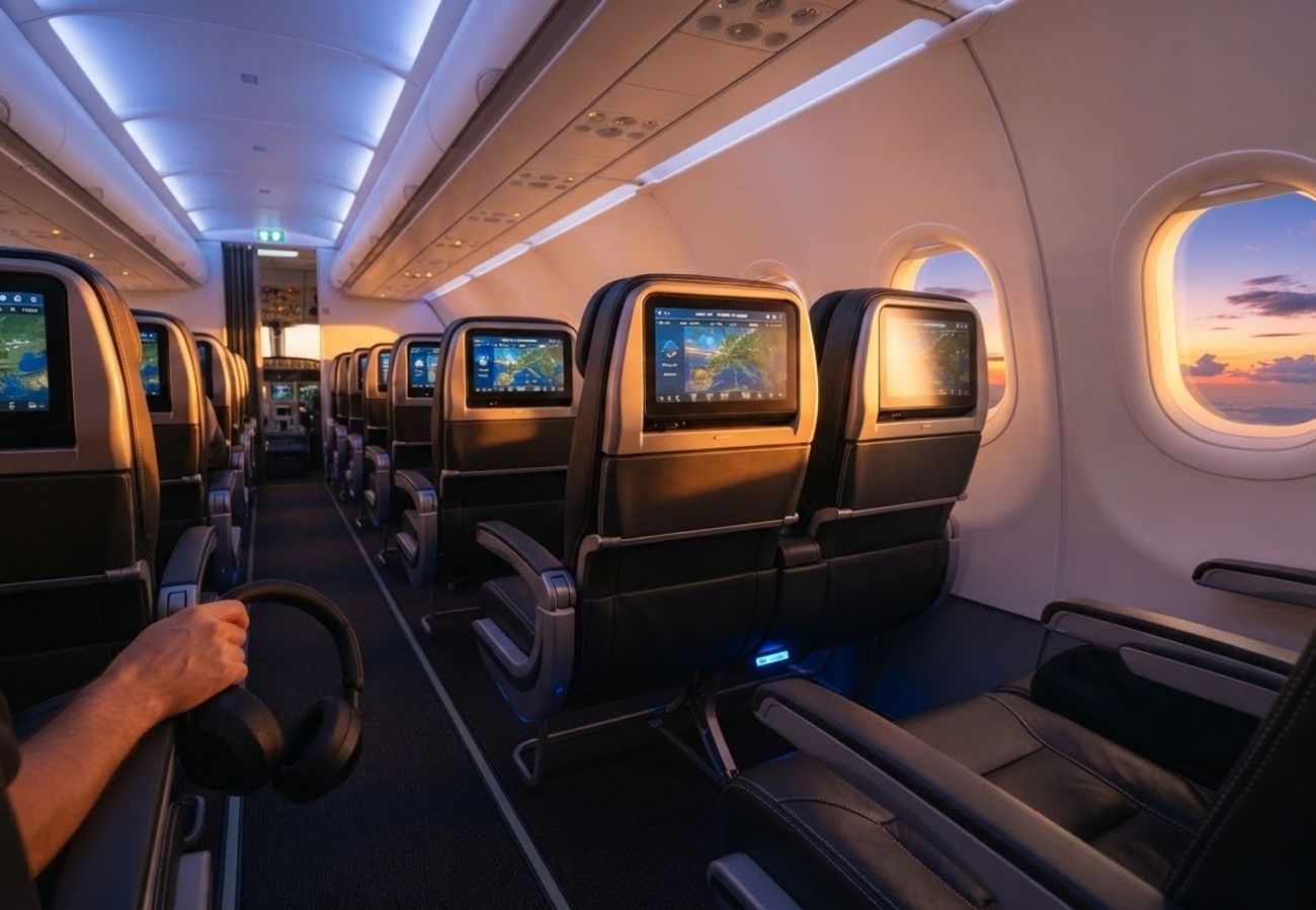 Modern aircraft cabin featuring high-resolution seatback entertainment screens