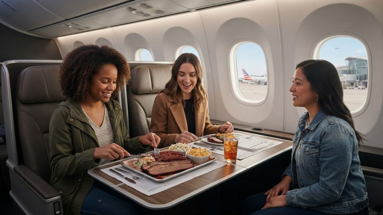 A premium inflight meal featuring a slow-smoked Texas barbecue brisket sandwich with side dishes.