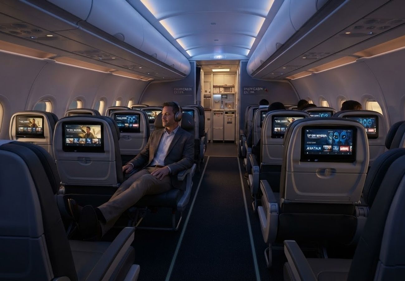 Interior of a modern American Airlines narrowbody aircraft featuring new seatback entertainment screens