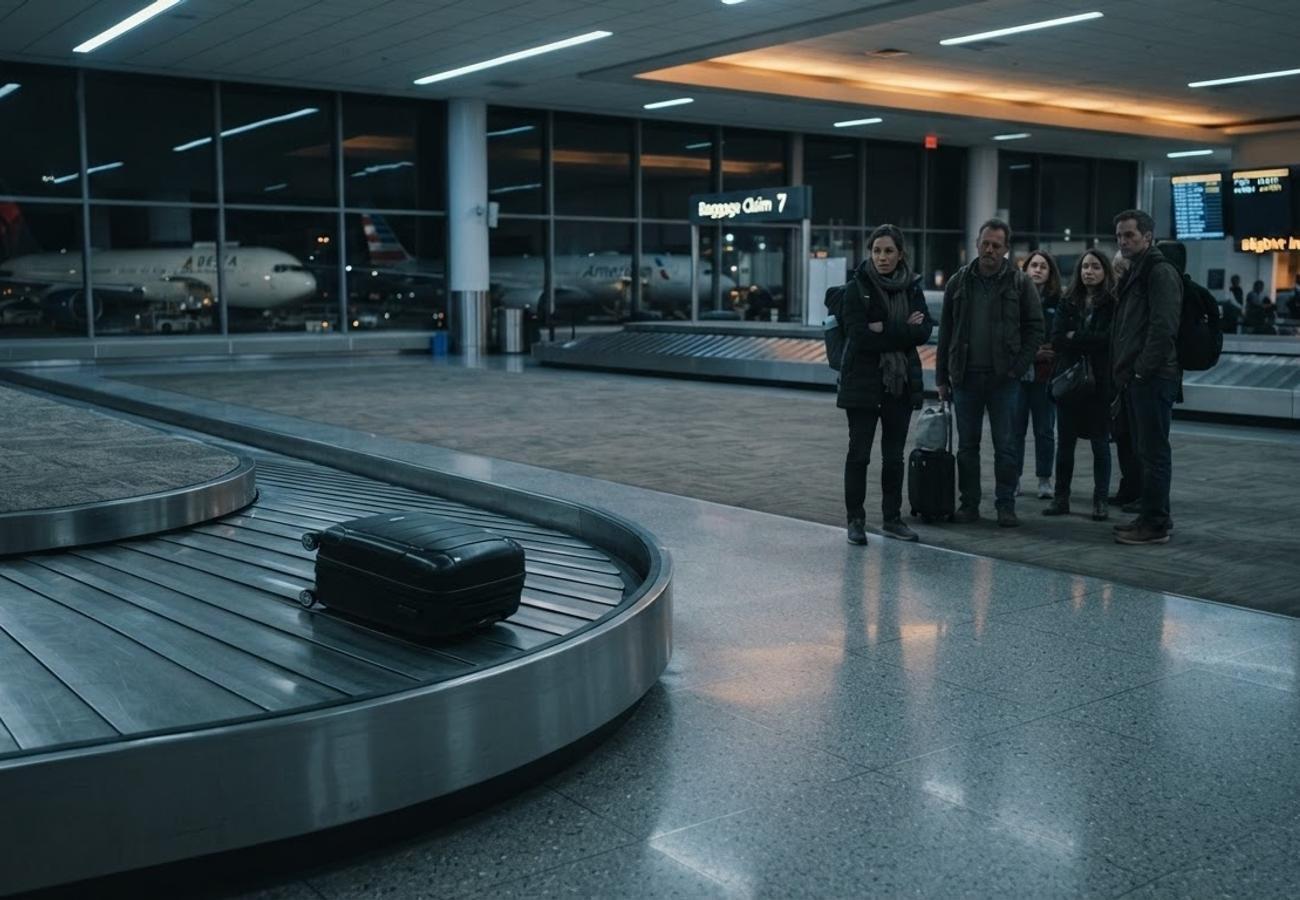 Airport baggage carousel with suitcases
