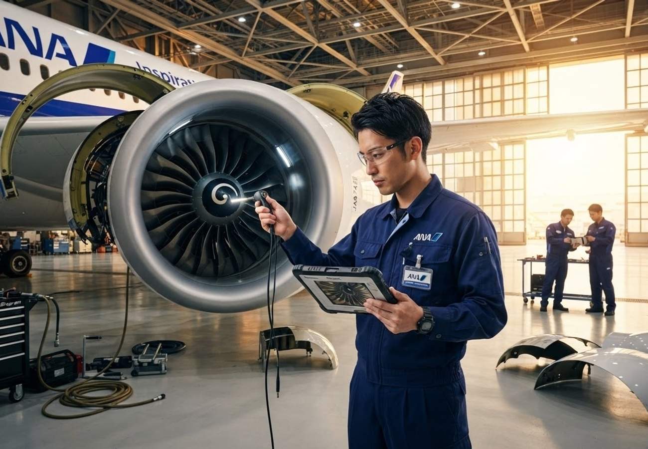Aircraft maintenance engineers working on a commercial jet engine