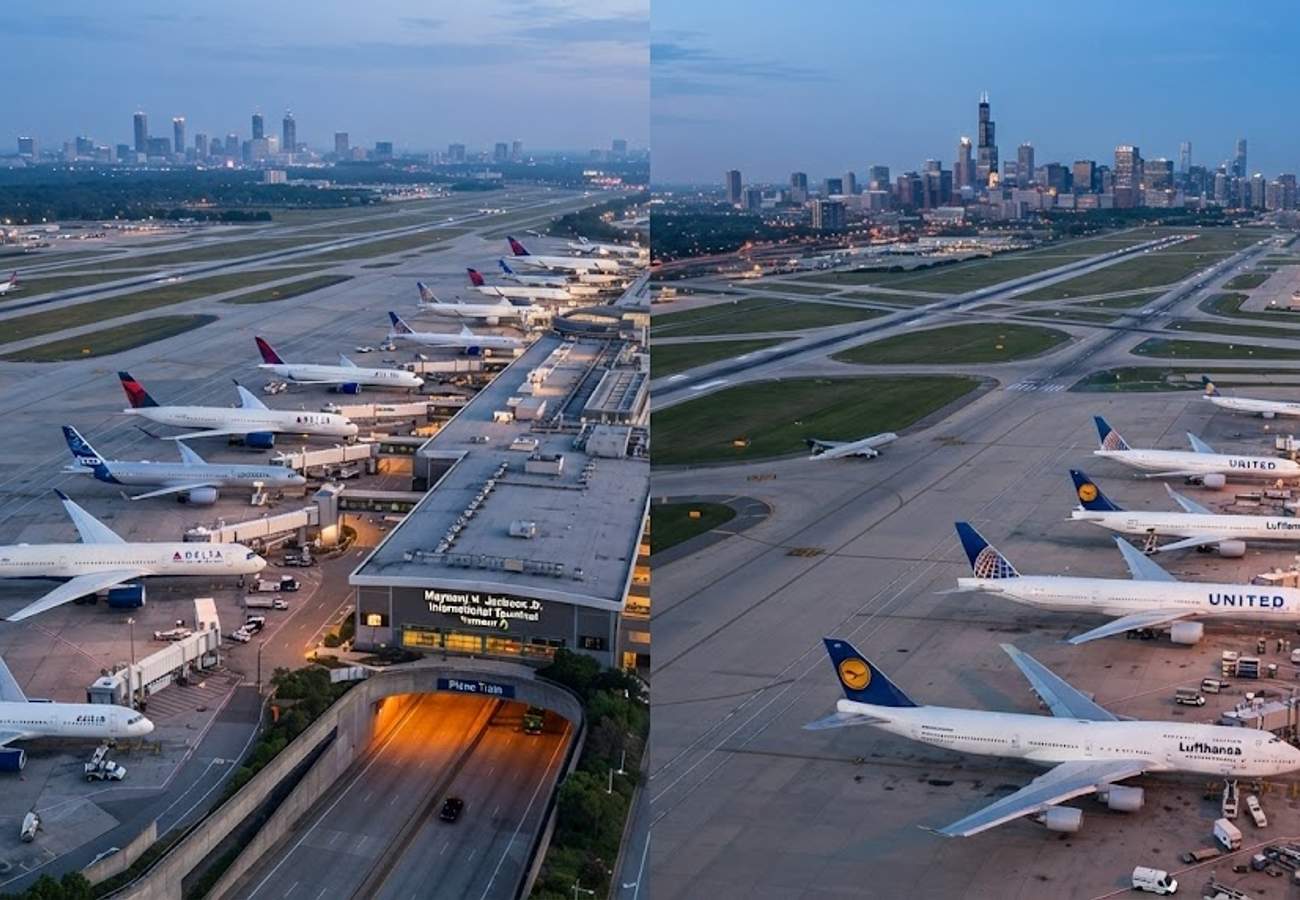 Aerial view of a major US international airport terminal