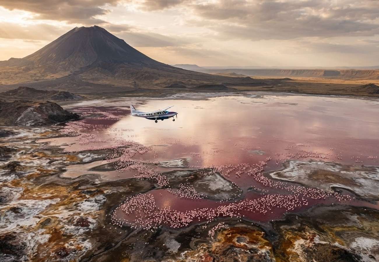 Aerial view of Lake Natron and Ol Doinyo Lengai volcano in Tanzania