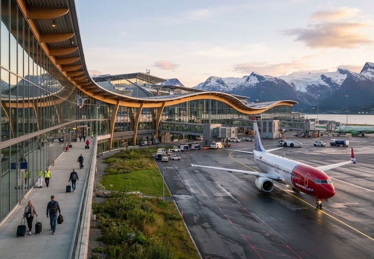 Aerial view of a Norwegian airport terminal during peak travel season