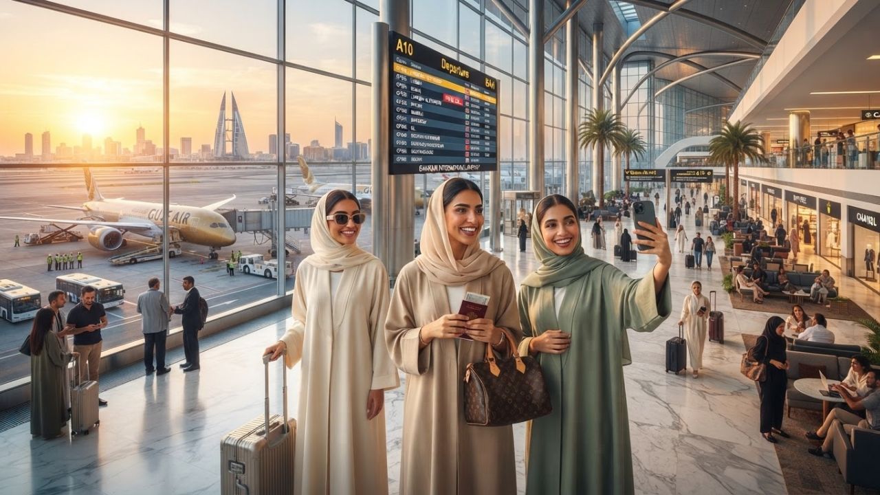 A view of the modern passenger terminal check-in hall at Bahrain International Airport.