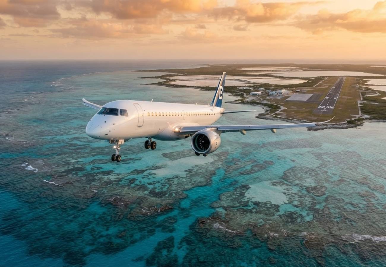 Embraer E190 aircraft flying over the turquoise waters of Turks and Caicos