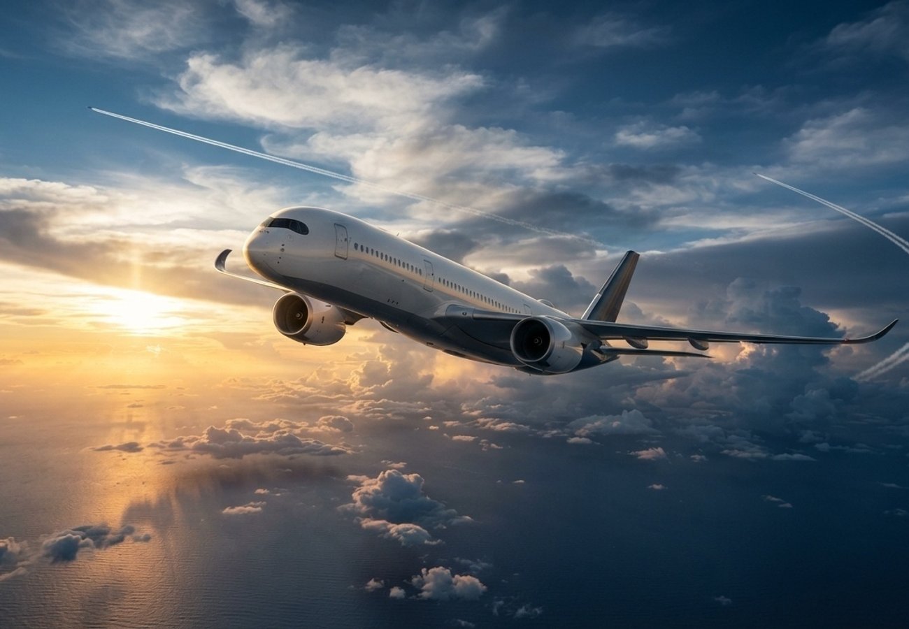 Aerial view of a long-haul aircraft transitioning between continents
