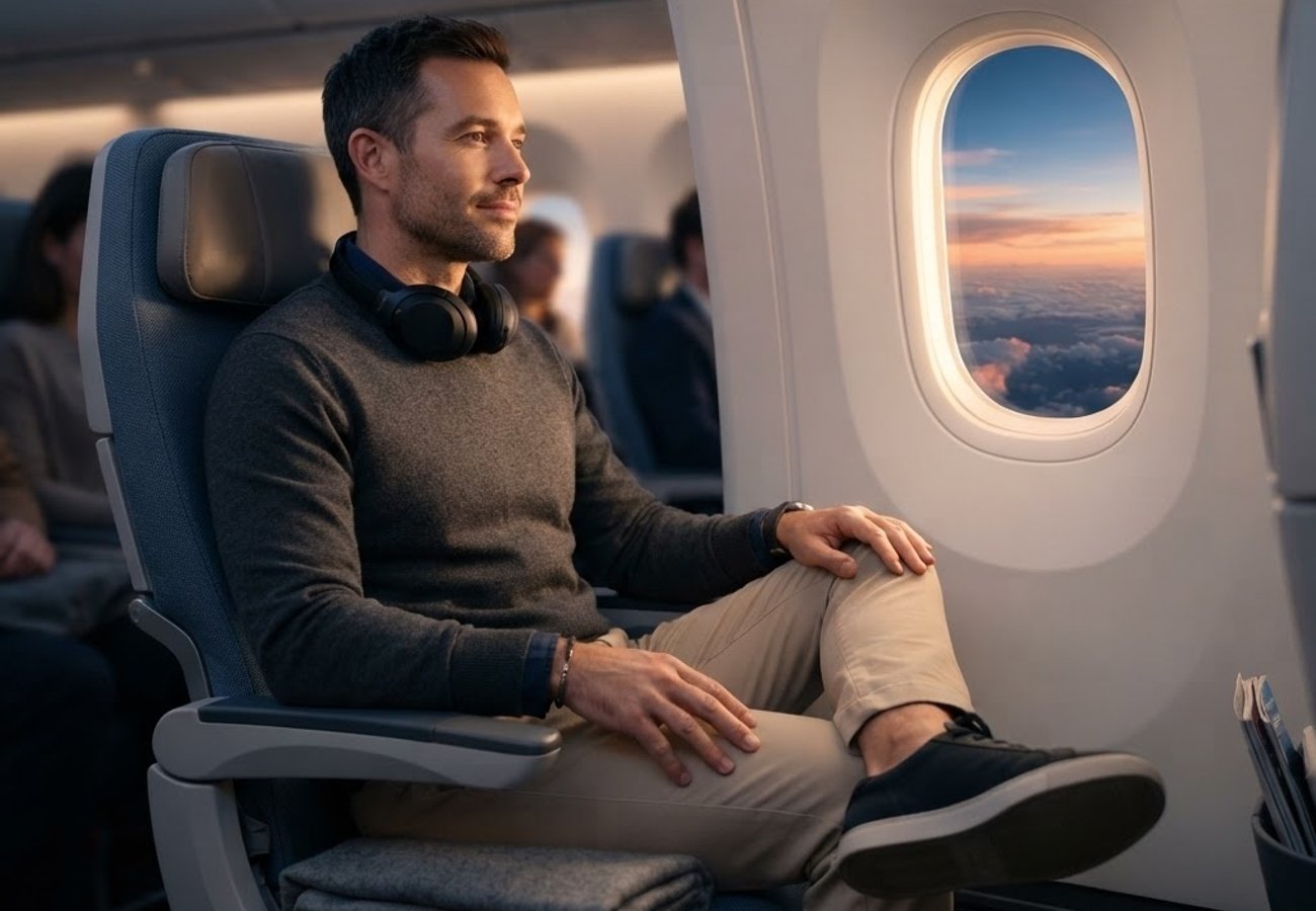 Passenger performing gentle stretches in an airplane seat