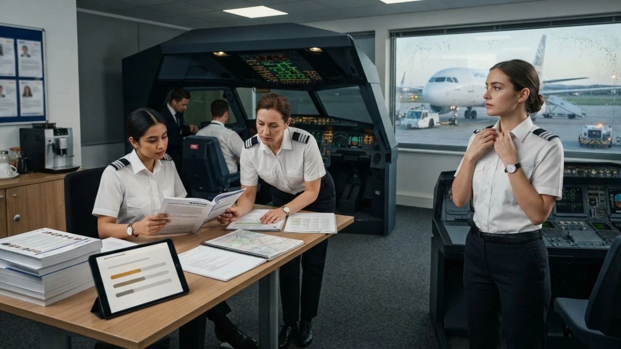 A commercial airline cockpit showing the controls and instruments from the pilot's perspective.