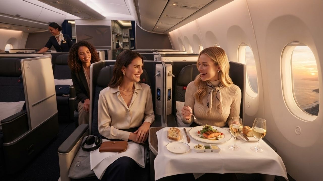 A premium business class passenger suite showing flatbed seat and upscale table setting inside a modern widebody aircraft