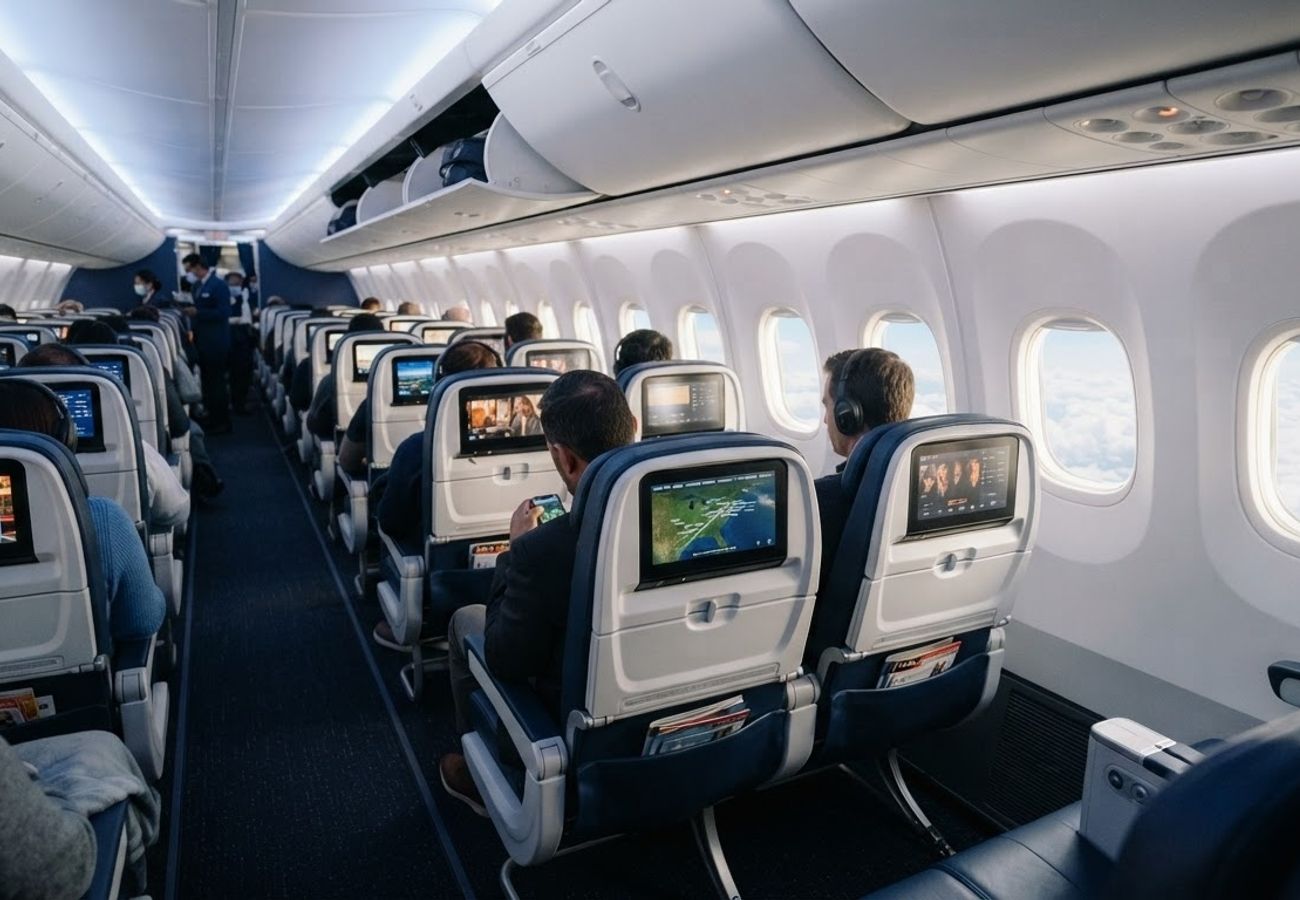 Modern aircraft cabin featuring high-resolution seatback entertainment screens