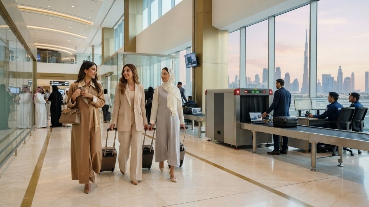 A traveler walking through security screening at Dubai International Airport