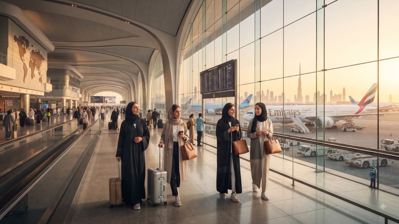 A wide angle view of a modern airport terminal concourse with passengers walking between boarding gates.