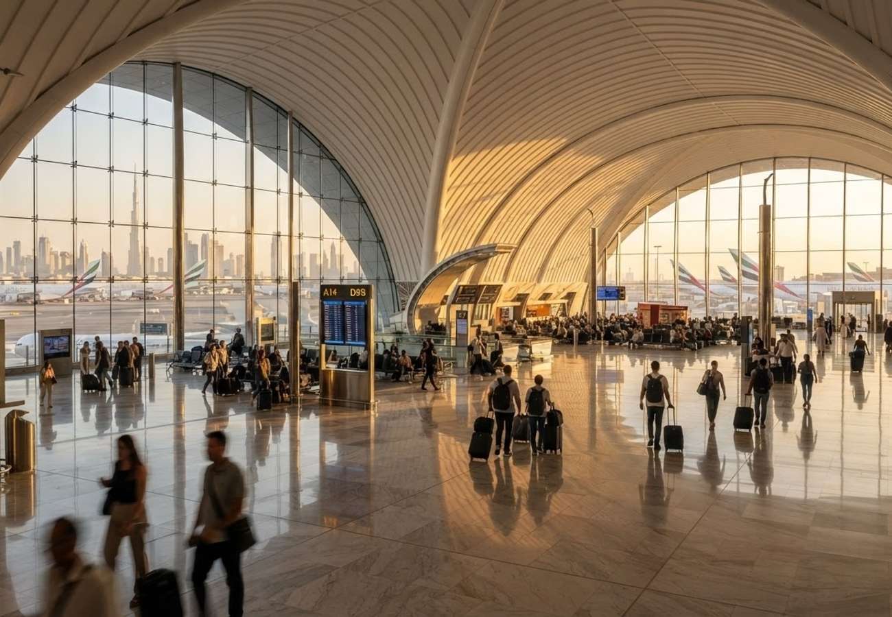 Aerial view of Dubai International Airport terminals and runways