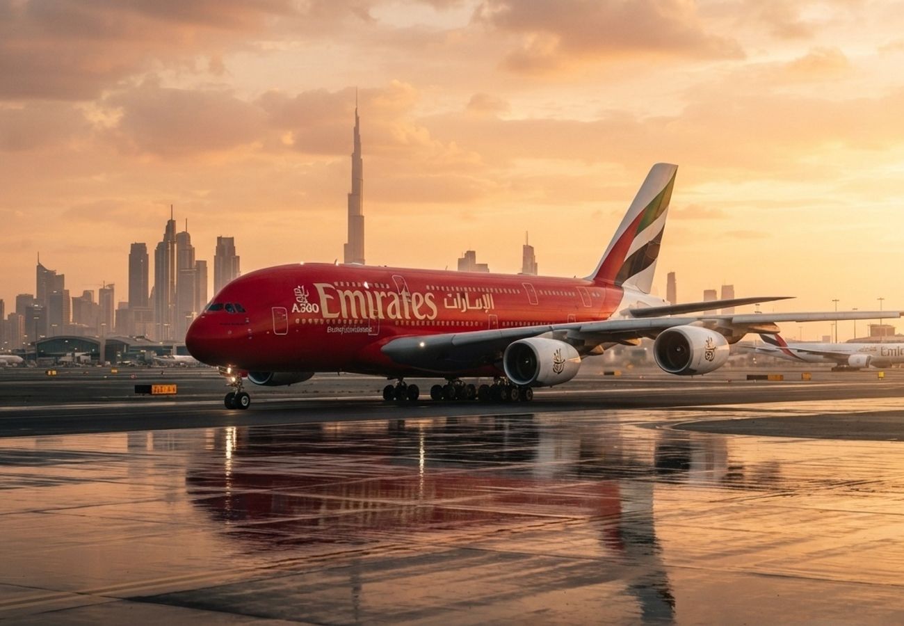Emirates aircraft on the tarmac at Dubai International Airport