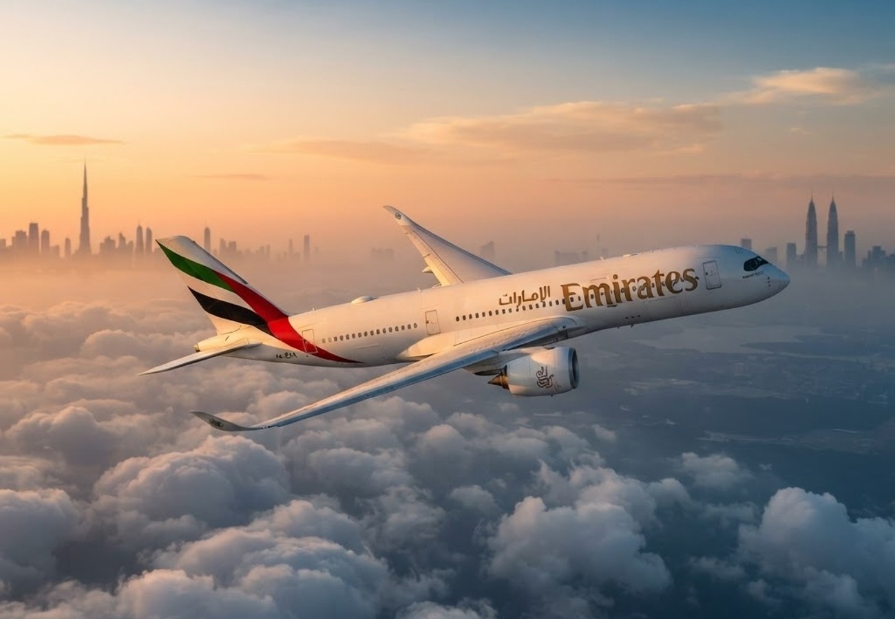 Emirates Airbus A350 aircraft flying over a cityscape