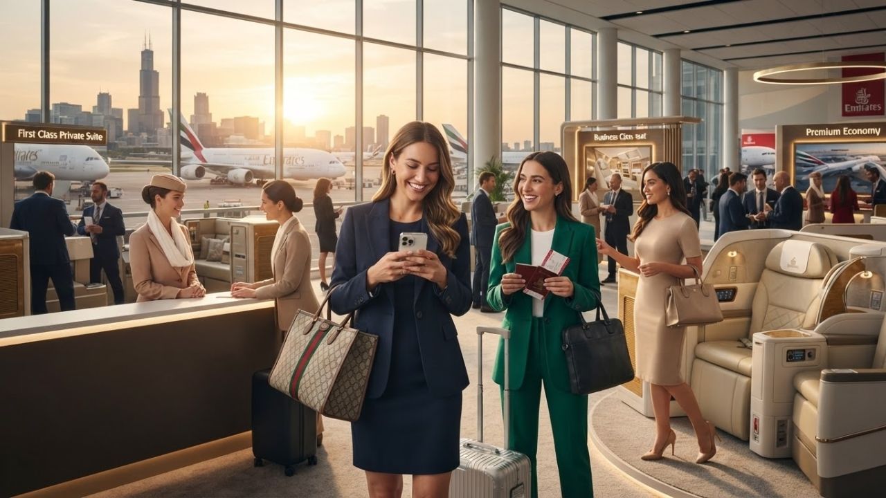 A scale mockup of an Emirates Airbus A350 business class seat showcased at a bright exhibition stand