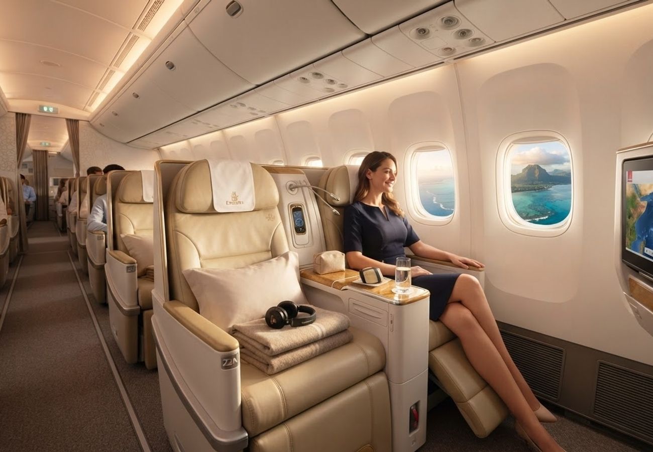 Emirates Premium Economy cabin interior featuring leather seats and wide legroom
