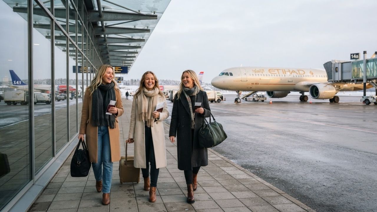 An Etihad Airways Airbus A321LR landing at Gothenburg Landvetter Airport during a winter morning.