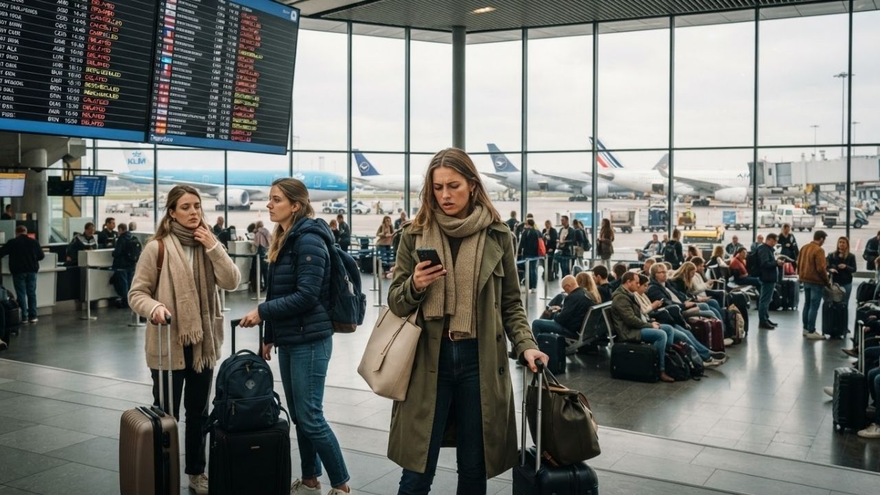 Crowded airport departure gates during European flight cancellations and delays