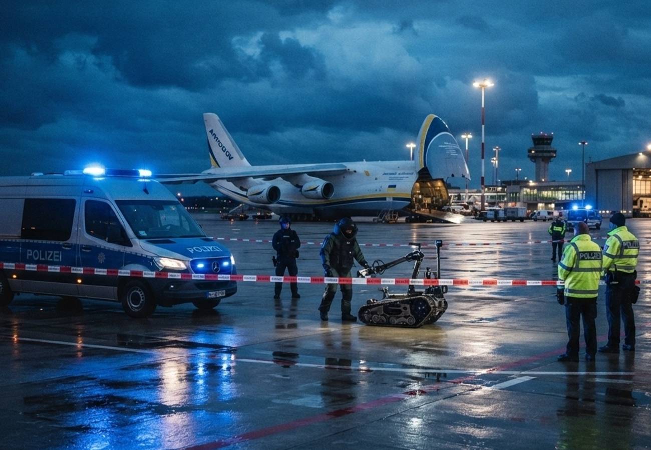 Aerial view of Leipzig/Halle Airport cargo terminal during security lockdown