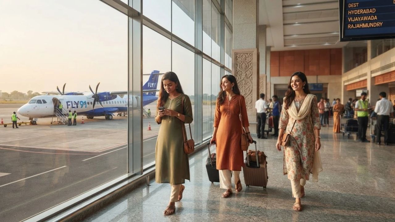 A regional turboprop passenger airplane preparing for takeoff at a regional Indian airport.