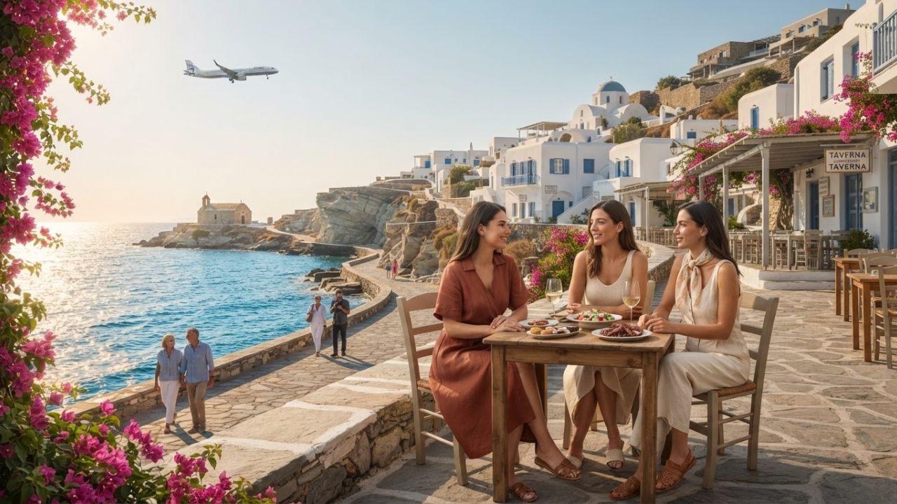 A scenic view of a passenger plane flying over the blue waters and white buildings of Santorini, Greece.