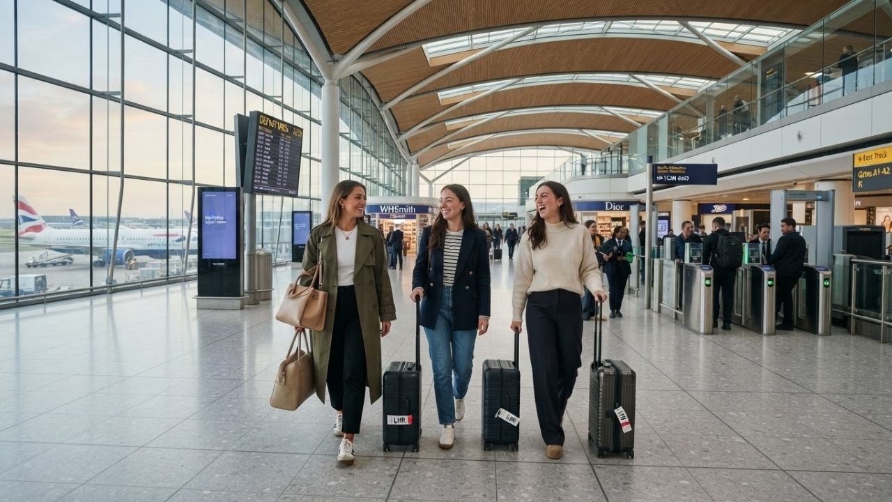 A modern passenger terminal at London Heathrow Airport with sleek digital displays and passengers walking through security