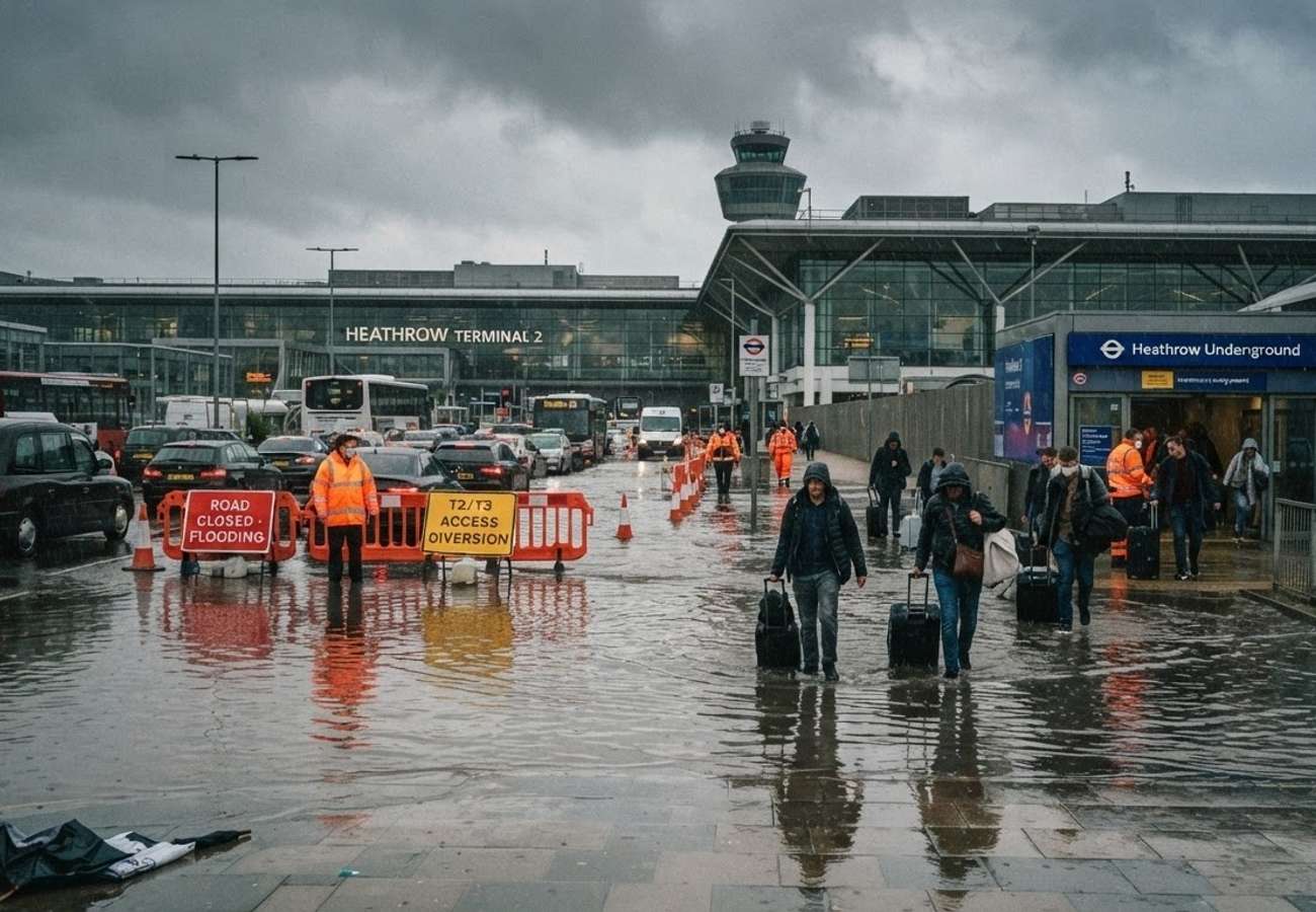 Aerial view of Heathrow Airport terminals during heavy rain