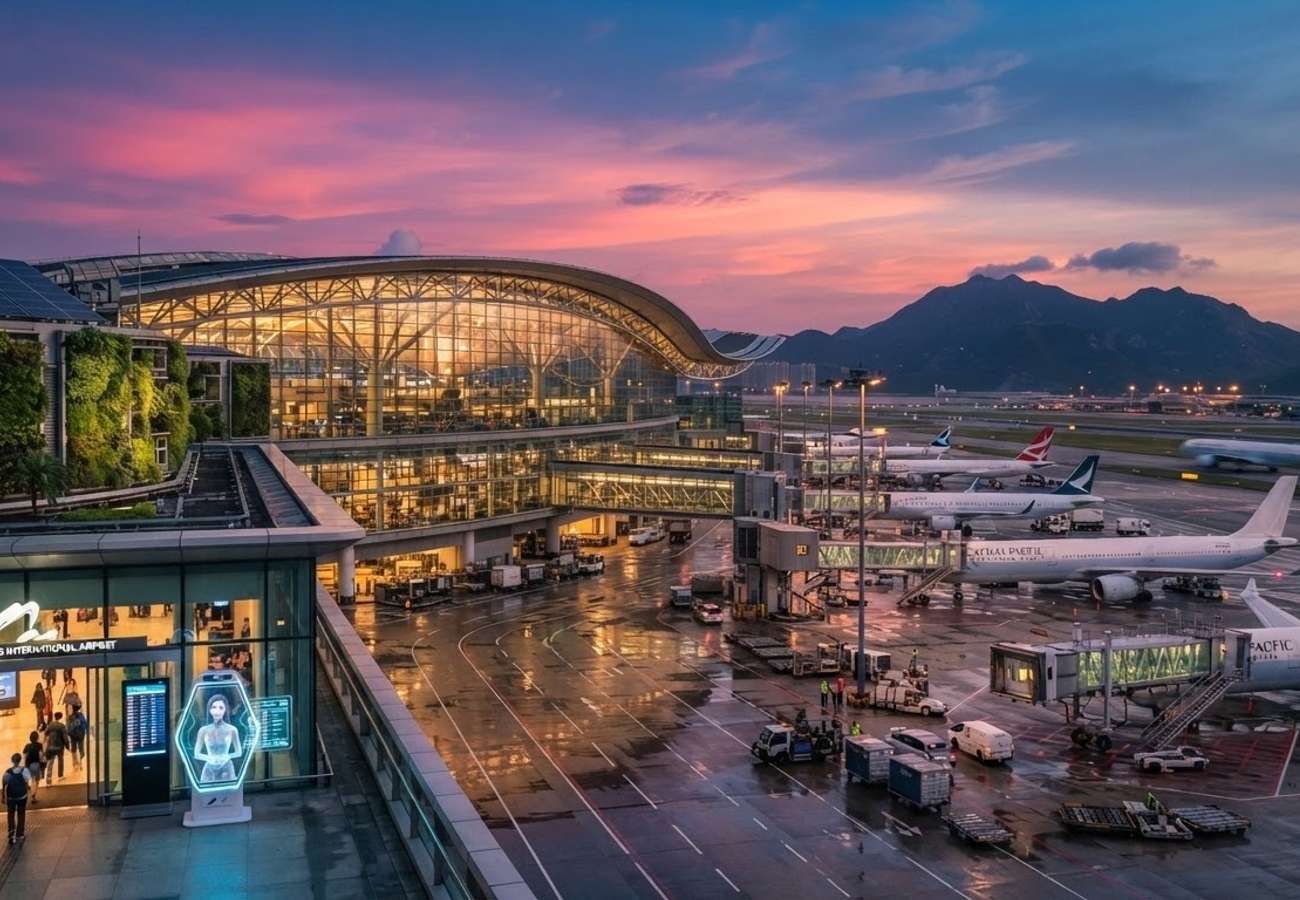 Aerial view of Hong Kong International Airport infrastructure and Terminal 2 expansion