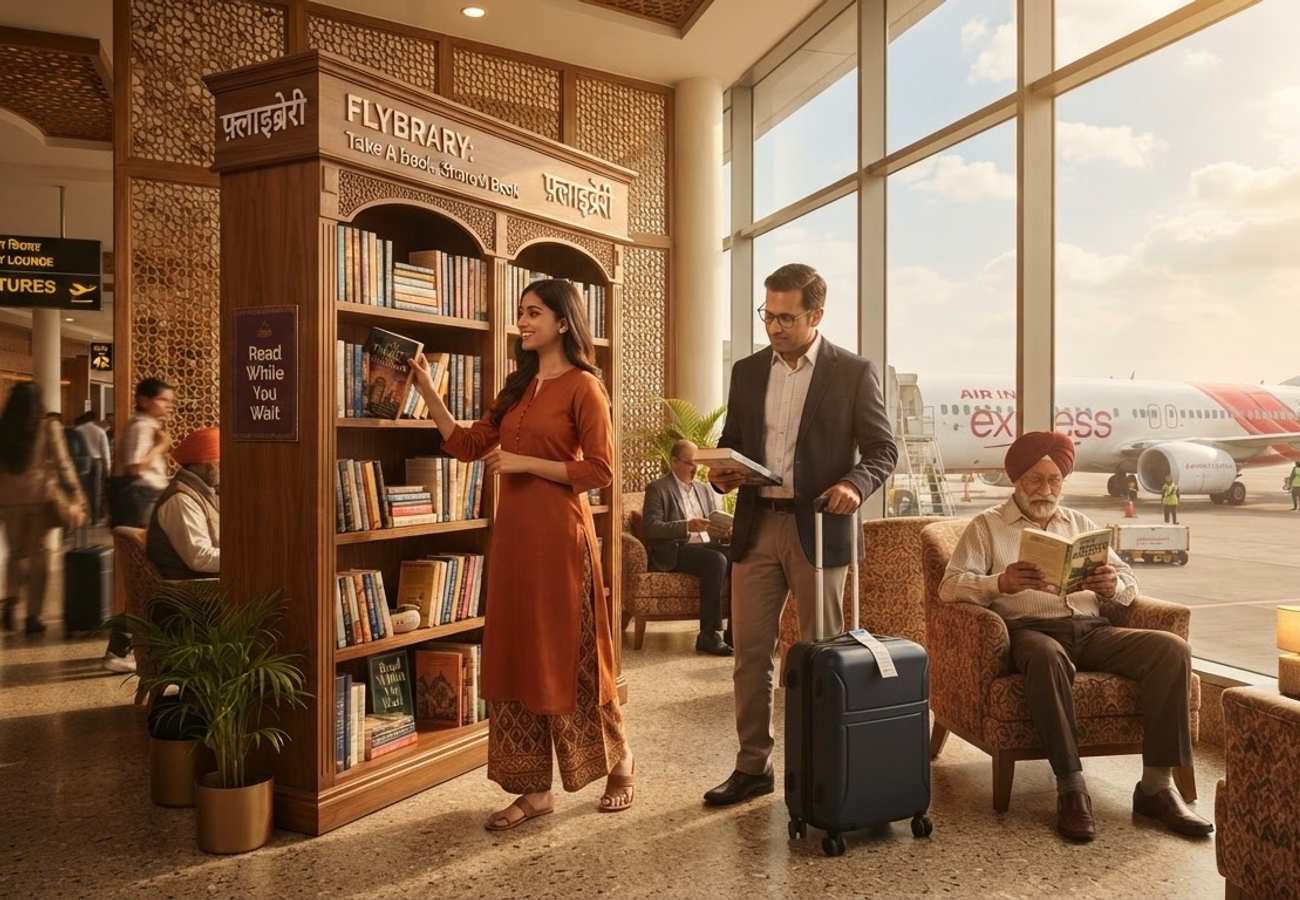 A passenger browsing a Flybrary book-sharing shelf in an Indian airport terminal