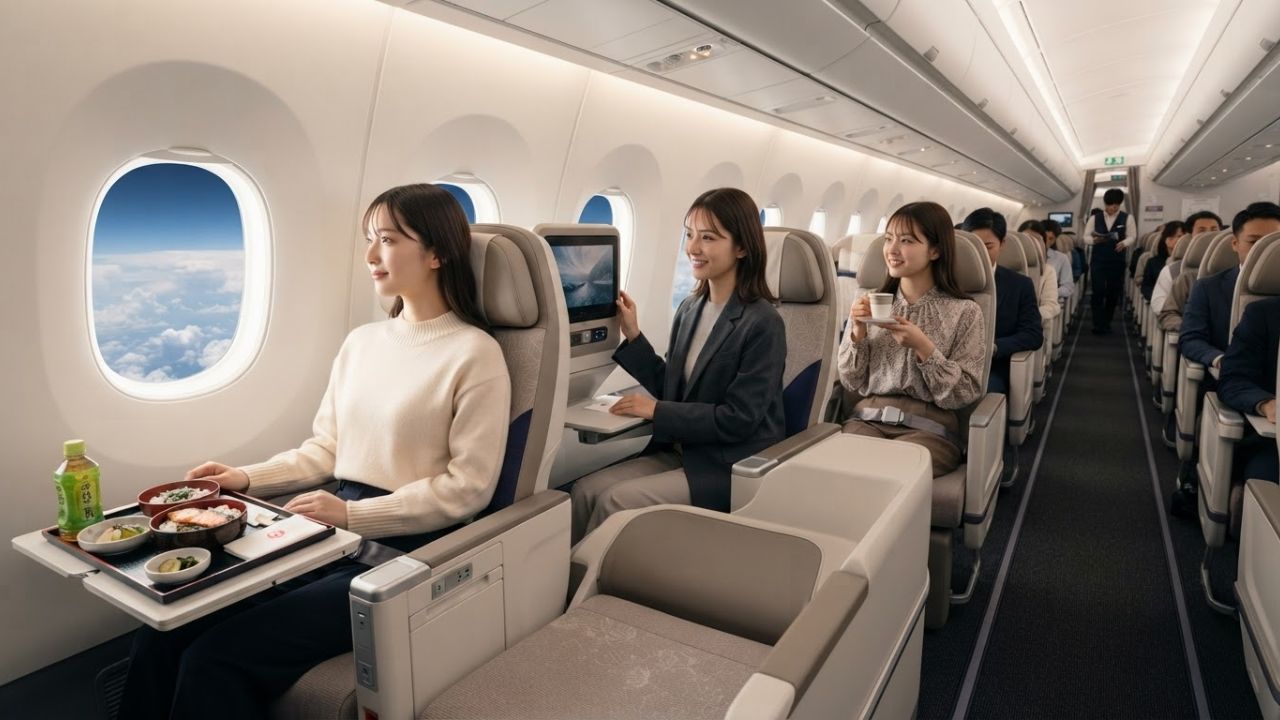 Spacious economy class seats on a Japan Airlines Boeing 787 with large personal touchscreens and ample legroom